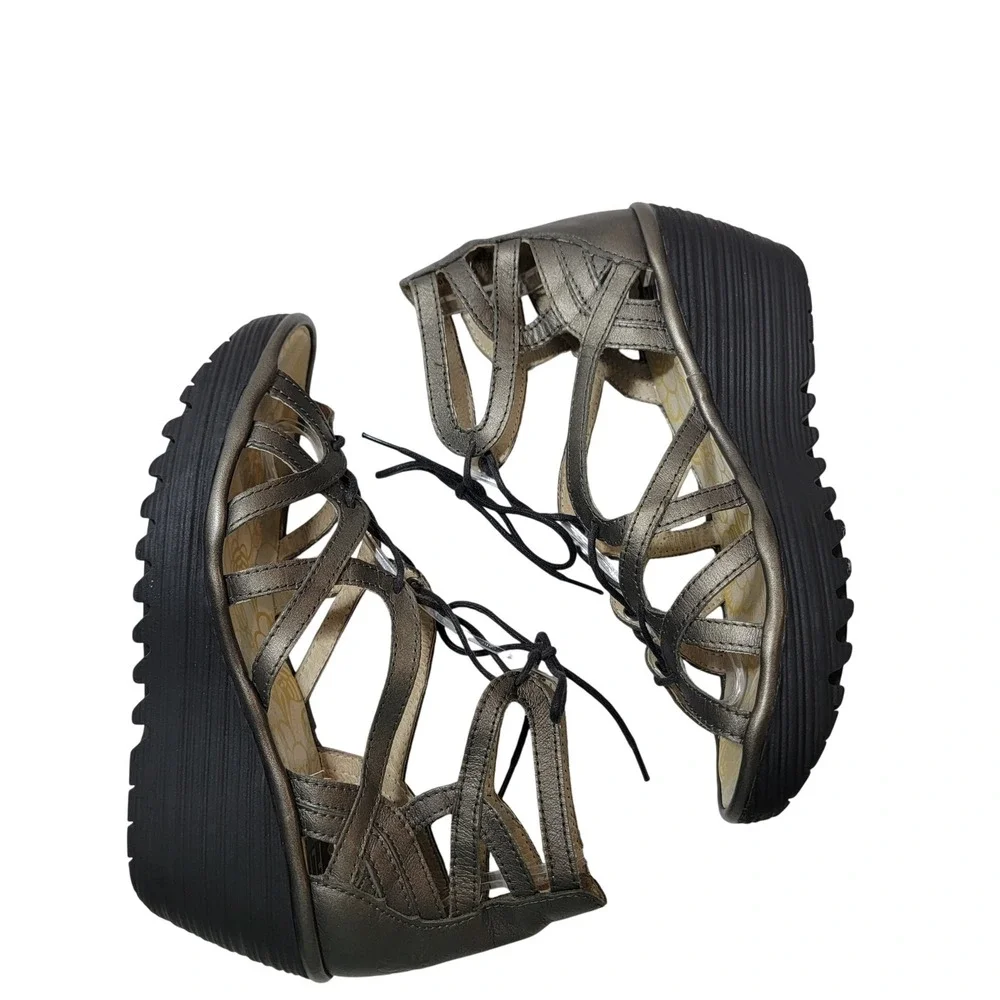 Fly London Yuke Pewter Metallic Leather Lace Up Gladiator Wedge Sandals 39 8-8.5